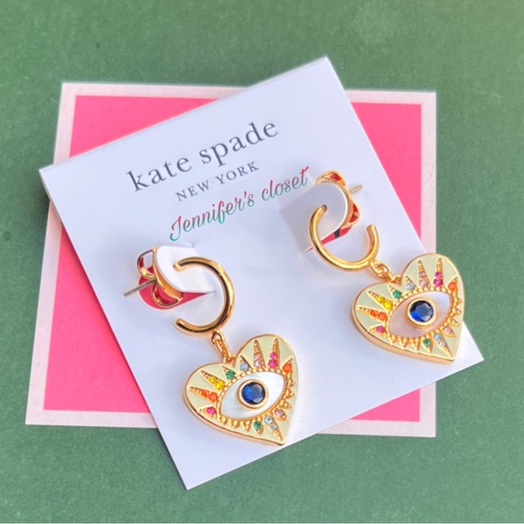 KATE SPADE Mother Of Pearl & Stone Evil Eye Drop Huggie Hoop Earrings - Picture 7 of 7